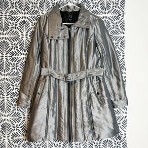 Armani Exchange Silver Metallic Front Zip Belted Winter Coat FLAW READ